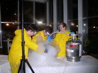 [Cam, Harvey, and Erin make ice cream for the prefrosh]